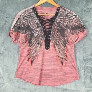 Affliction Top Small Pink Y2K Angel Wings Grunge Cute Goth Rock Lace Up Biker